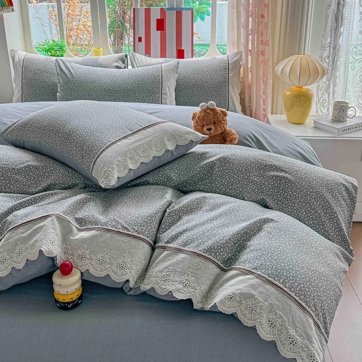 Lenjerie de Pat din 100% Bumbac cu Dantelă, 4 Piese, Cearșaf cu Elastic 180x200 cm