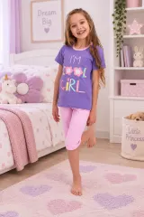 Pijama fetițe din bumbac cu tricou și pantaloni 3/4 – „Cool Girl”, mov