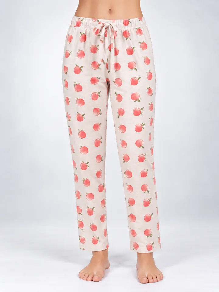 Pantaloni de pijama de dama alb cu mere