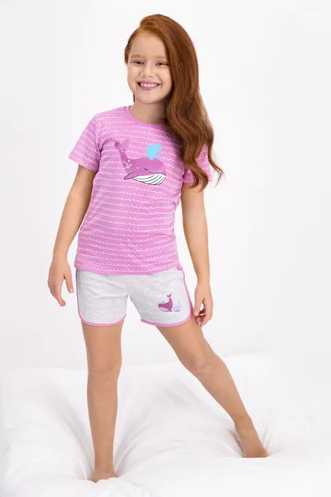 Pijama fetițe din bumbac cu tricou și pantaloni scurți – imprimeu balenă, roz