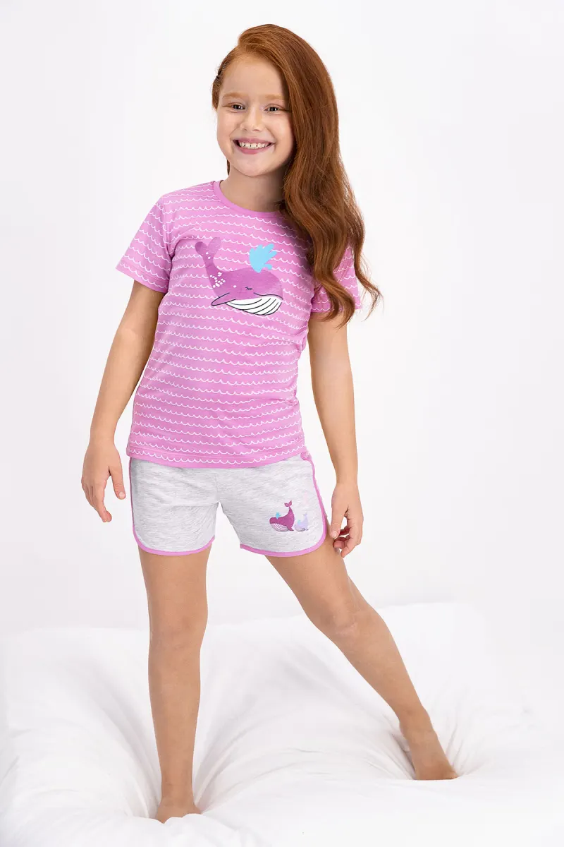 Pijama fetițe din bumbac cu tricou și pantaloni scurți – imprimeu balenă, roz