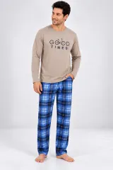 Pijama barbat bej cu carouri albastre