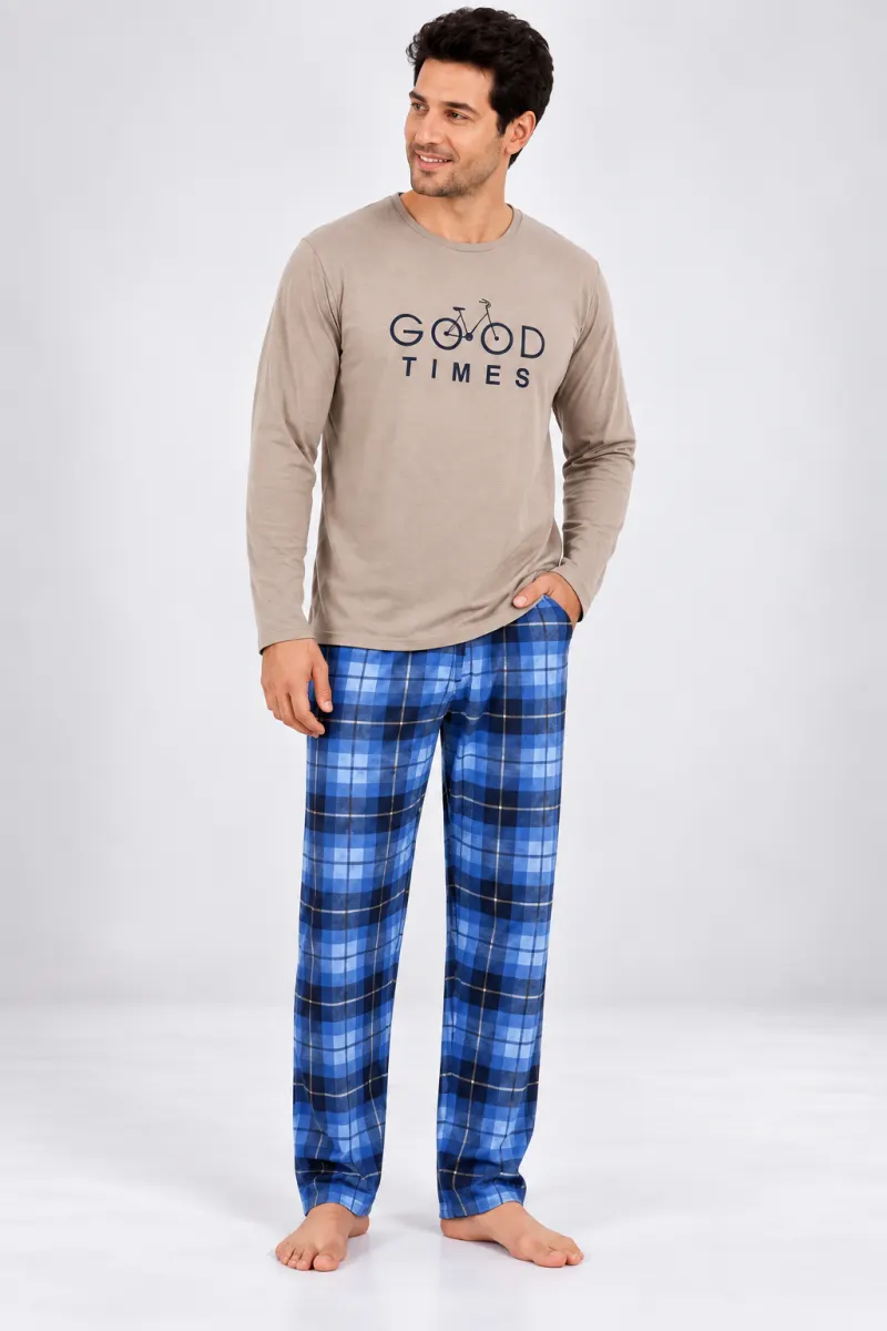 Pijama barbat bej cu carouri albastre