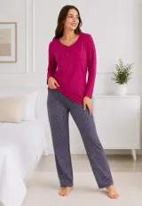 Pijama de dama fucsia cu maneca lunga si pantaloni lungi gri cu buline