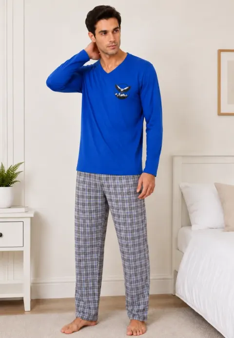 Pijama barbat albastru safir cu carouri gri