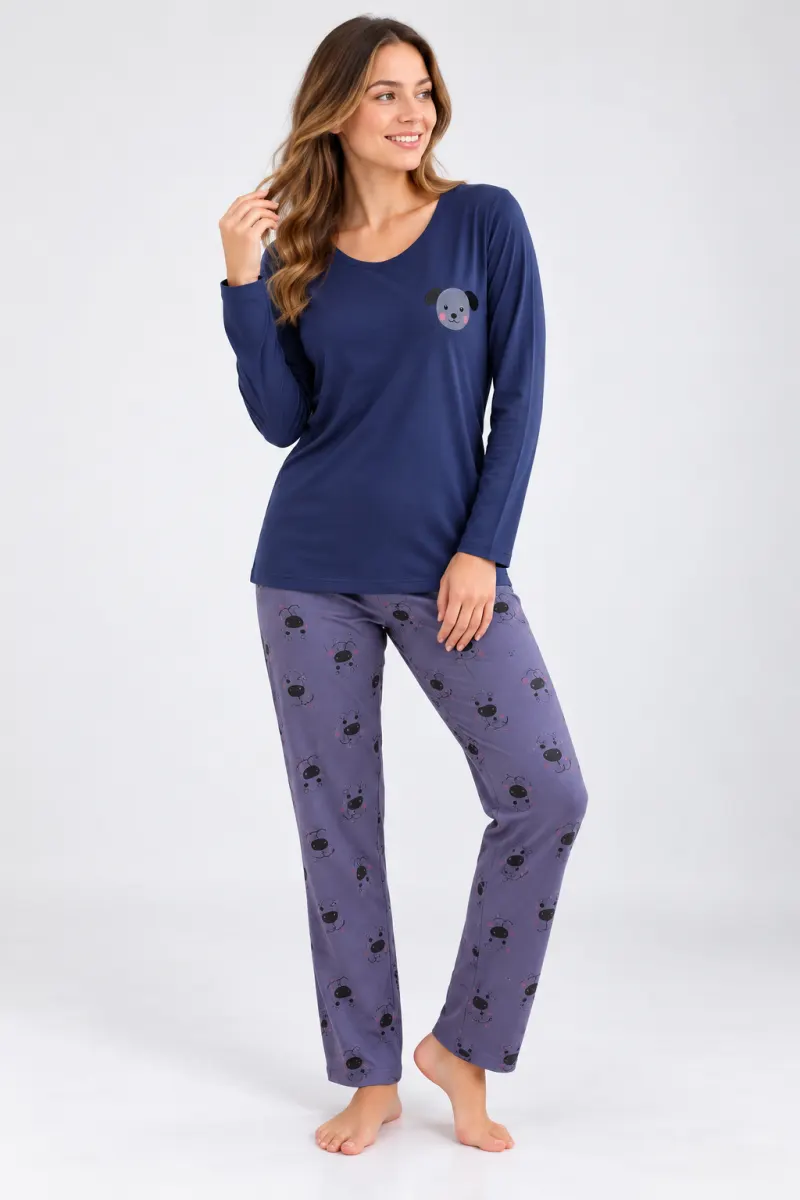 Pijama de dama blumarin cu maneca lunga si pantaloni lungi gri cu catelus