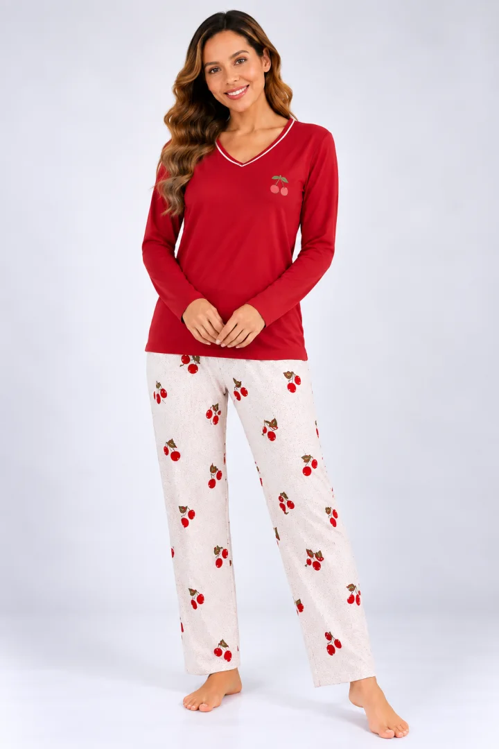 Pijama de dama rosu cu maneca lunga si pantaloni lungi