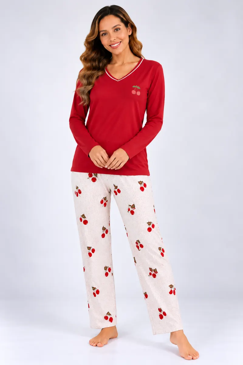 Pijama de dama rosu cu maneca lunga si pantaloni lungi