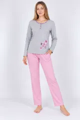 Pijama damă mânecă lungă și pantaloni lungi gri cu roz