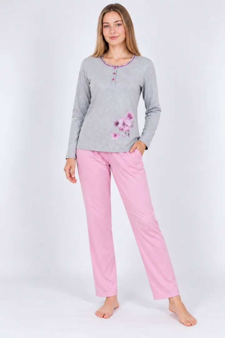 Pijama damă mânecă lungă și pantaloni lungi gri cu roz
