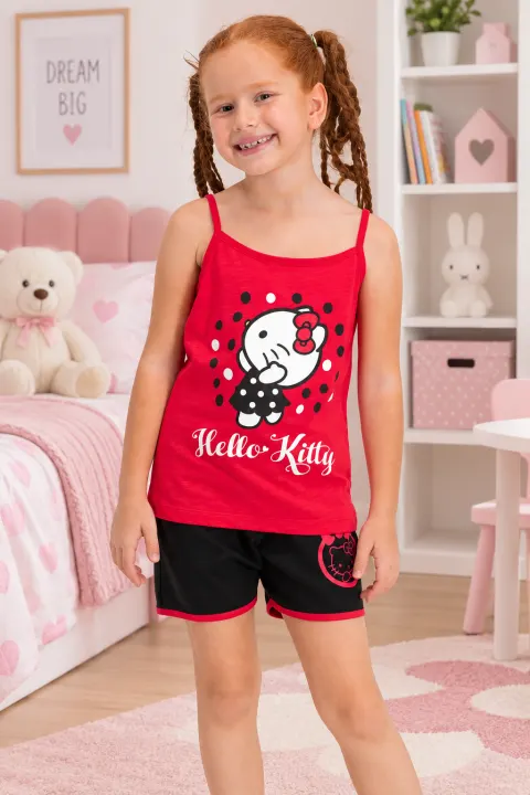 Pijama fetițe din bumbac cu maiou și pantaloni scurți – Hello Kitty, roșu