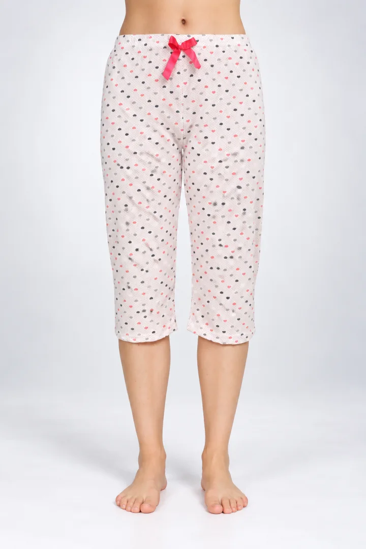 Pantaloni pijama damă 3/4, roz, imprimeu inimi