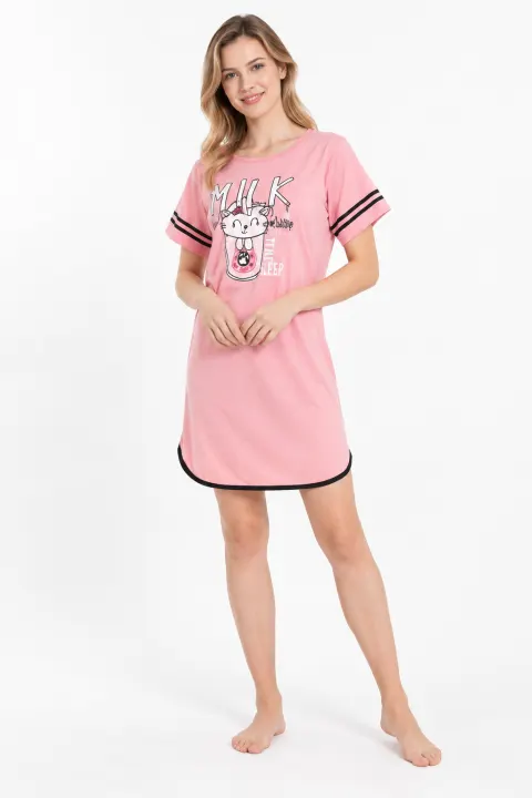 Rochie casual damă din bumbac 100%, cu mânecă scurtă și imprimeu „Milk”, roz
