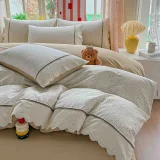 Lenjerie de Pat din 100% Bumbac cu Dantelă, 4 Piese, Cearșaf cu Elastic 180x200 cm