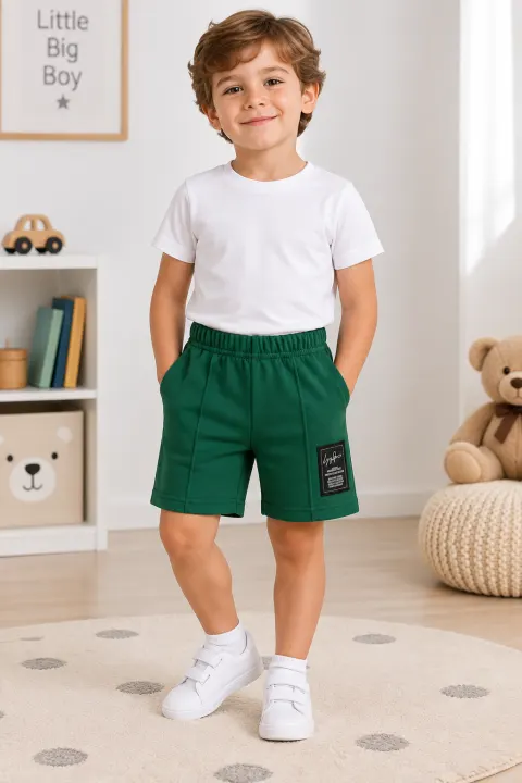 Pantaloni scurți sport copii cu dungă decorativă, Verde inchis