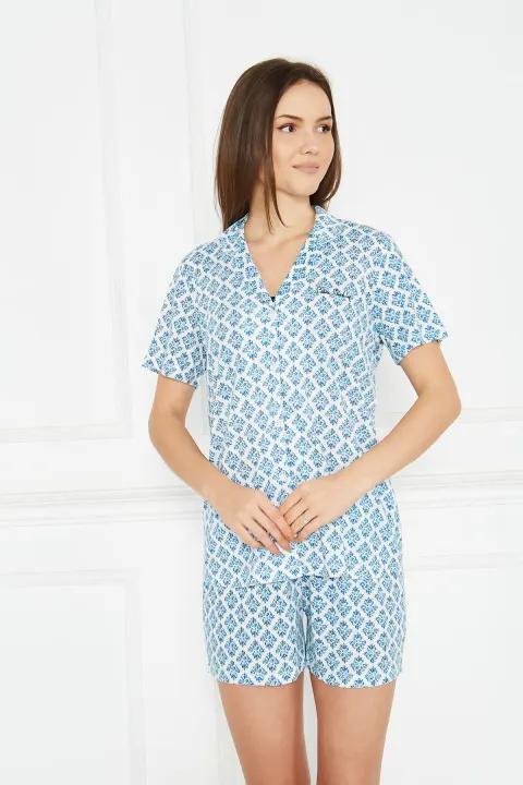 Pijama damă Pierre Cardin albastră din viscoză cu imprimeu floral