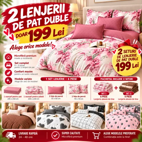 Pachet 2 Lenjerii de Pat Duble din Microfibră Premium, 6 Piese Fiecare – Doar 199 Lei