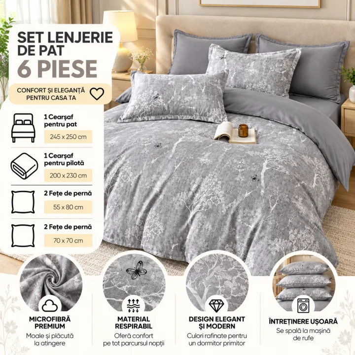 Set Lenjerie de Pat Dublu din Microfibră Premium, 6 Piese, Cearșaf 245x250 cm