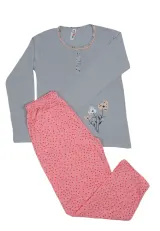 Pijama damă mânecă lungă și pantaloni lungi roz cu gri