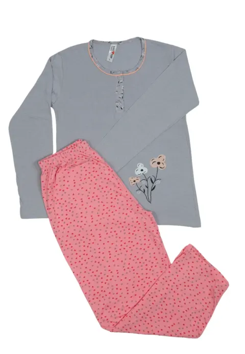 Pijama damă mânecă lungă și pantaloni lungi roz cu gri