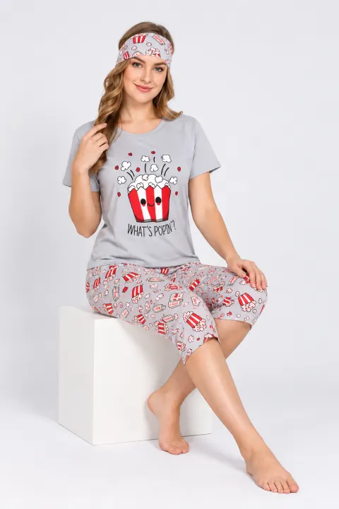 Pijama damă cu tricou, pantaloni 3/4 și mască de dormit, GRI