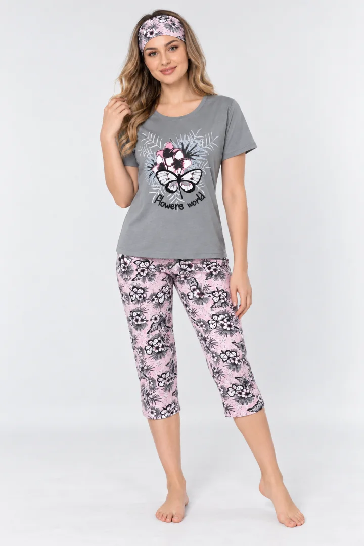 Pijama Dama  Set  Tricou și Pantaloni 3/4, Masca de Dormit, Gri