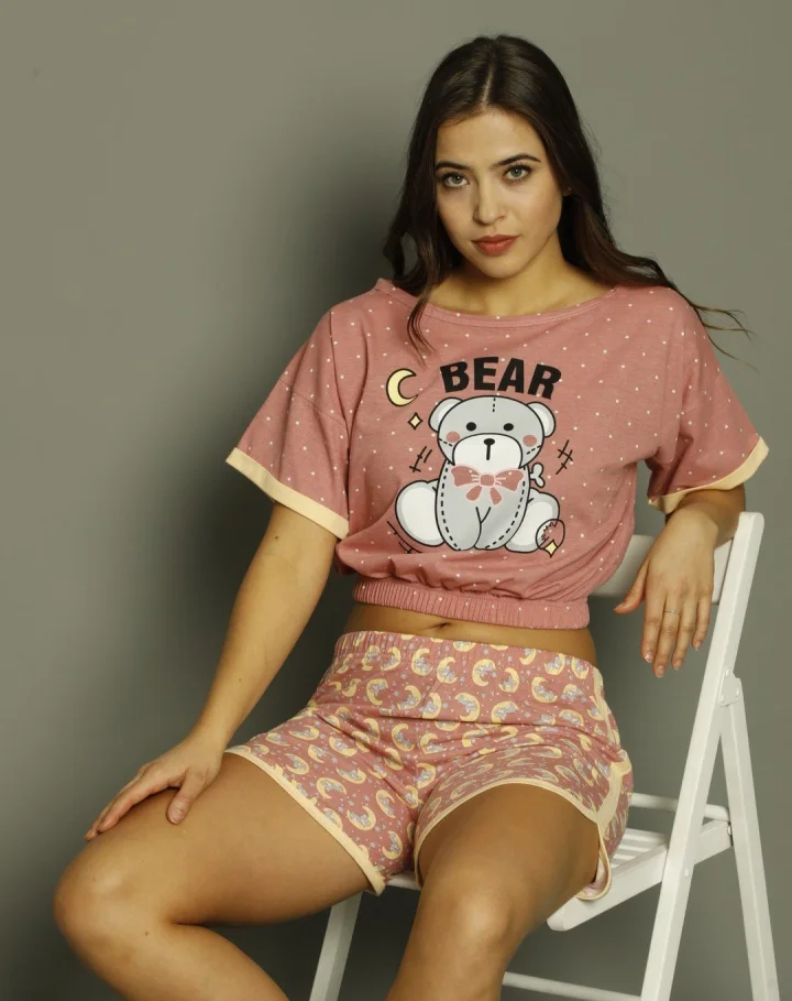 Pijama damă „Bear” din bumbac, maiou și short