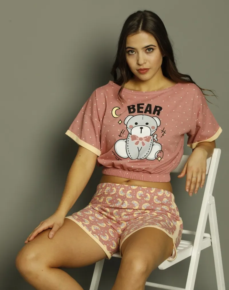Pijama damă „Bear” din bumbac, maiou și short
