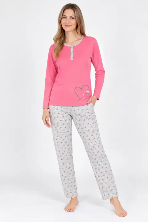 Pijama damă  mânecă lungă și pantaloni, roz