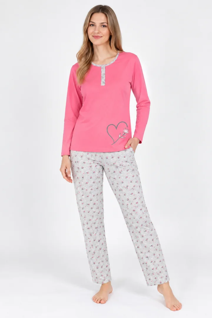 Pijama damă  mânecă lungă și pantaloni, roz