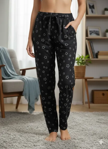 Pantaloni Pijamale Damă – Negru Pufos cu Steluțe