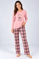 Pijama de dama roz cu maneca lunga si pantaloni lungi roz cu carouri