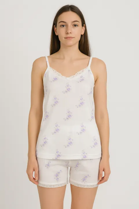 Pijama damă maiou și short – imprimeu flori mov
