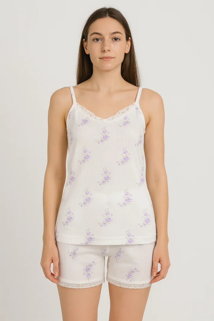 Pijama damă maiou și short – imprimeu flori mov