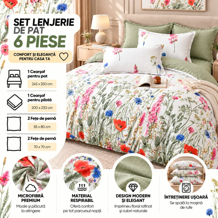 Set Lenjerie de Pat Dublu din Microfibră Premium, 6 Piese, Cearșaf 245x250 cm