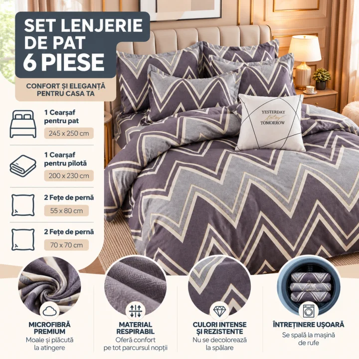 Set Lenjerie de Pat Dublu din Microfibră Premium, 6 Piese, Cearșaf 245x250 cm