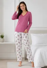 Pijama de dama roz pudra cu maneca lunga si pantaloni lungi albi cu flori