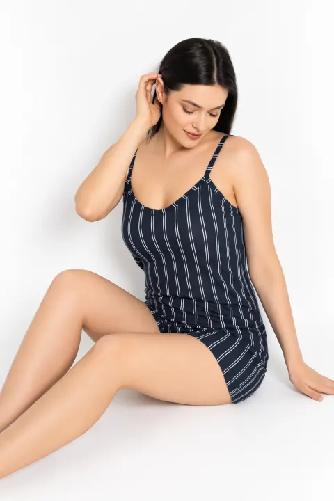 Pijama damă, maiou și short, imprimeu dungi, bleumarin