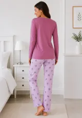 Pijama de dama mov cu maneca lunga si pantaloni lungi mov cu flori