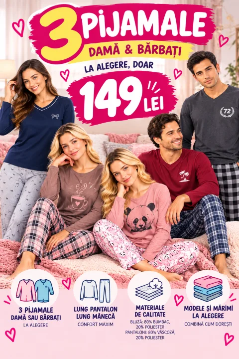 3 Pijamale Damă & Bărbați – 149 Lei