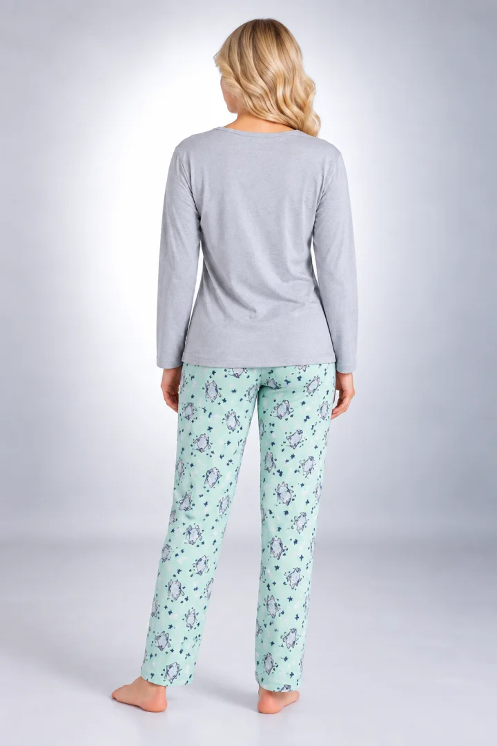 Pijama damă gri, cu mânecă lungă și pantaloni lungi