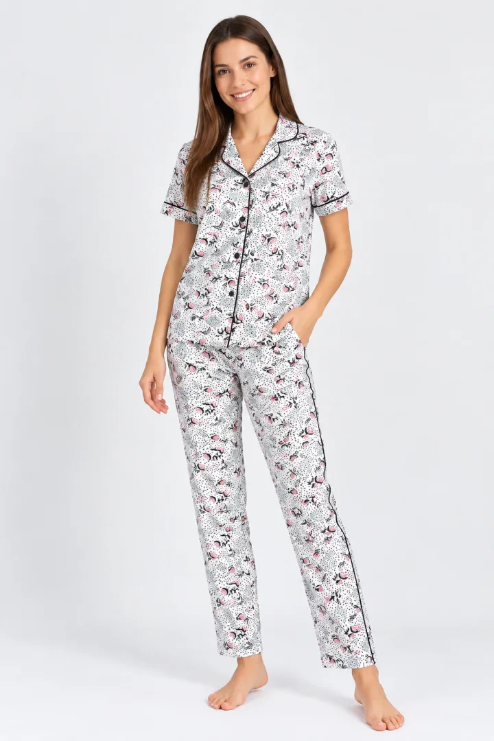 Pijama dama bumbac, bluza cu nasturi imprimeu cu flori