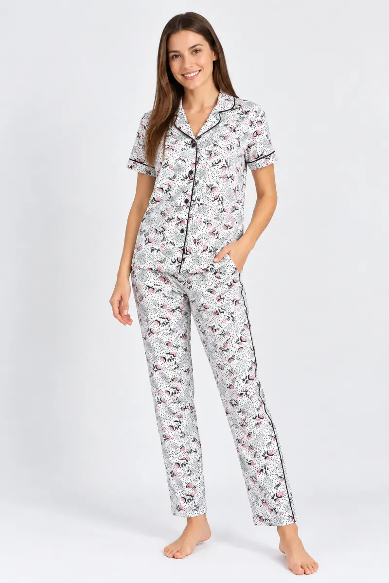 Pijama dama bumbac, bluza cu nasturi imprimeu cu flori
