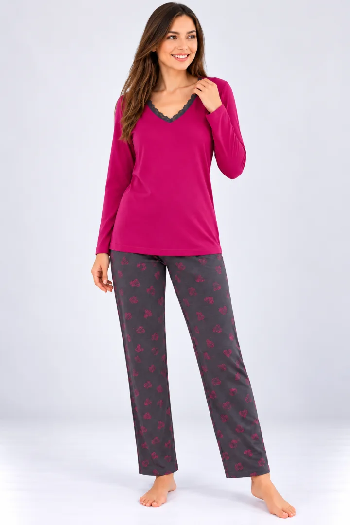 Pijama de dama fucsia cu maneca lunga si pantaloni lungi gri