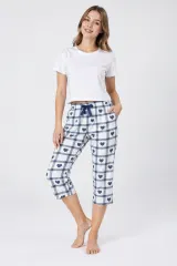 Pantaloni pijama damă 3/4, albastru cu alb, imprimeu inimi