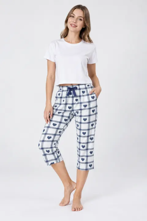 Pantaloni pijama damă 3/4, albastru cu alb, imprimeu inimi