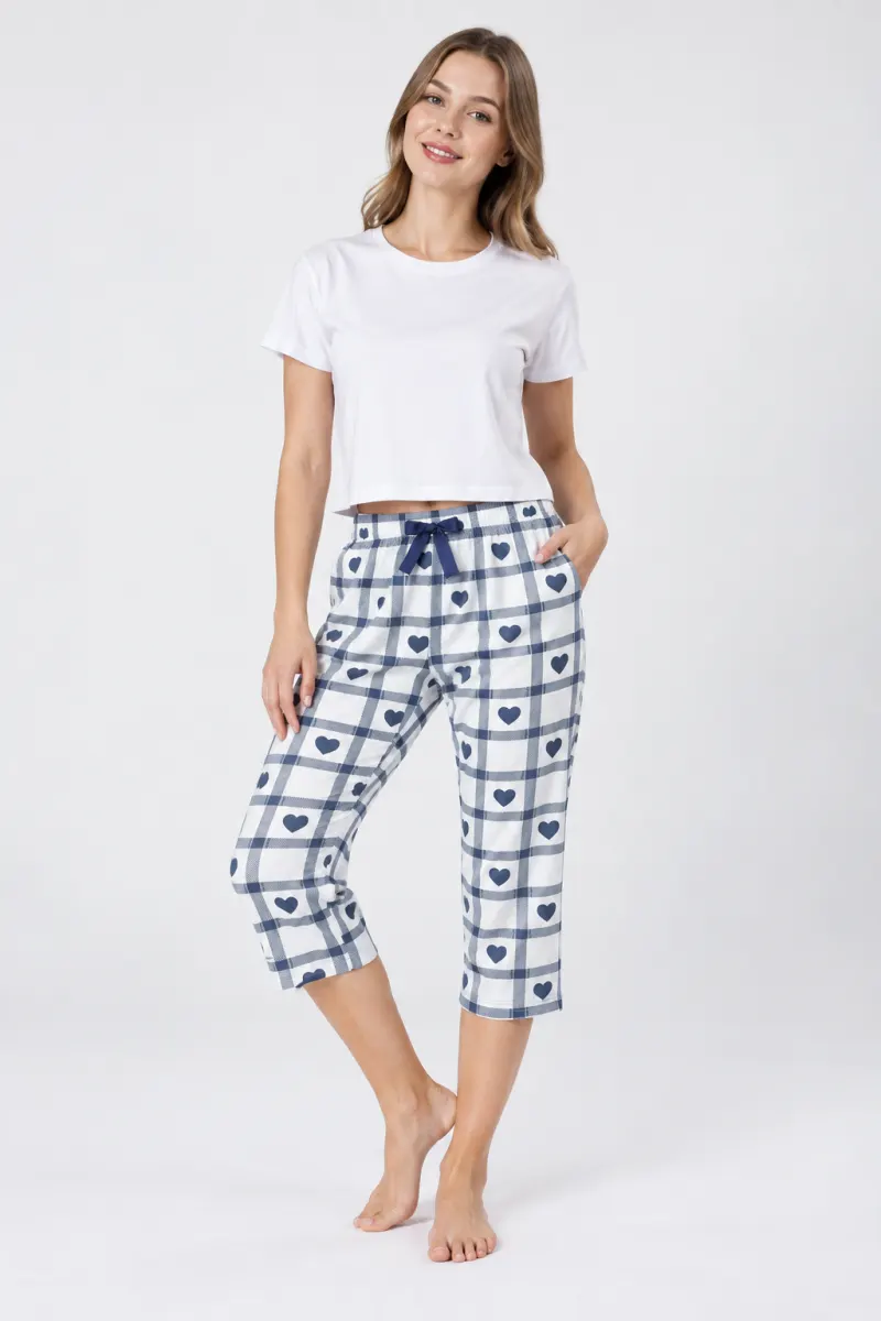 Pantaloni pijama damă 3/4, albastru cu alb, imprimeu inimi
