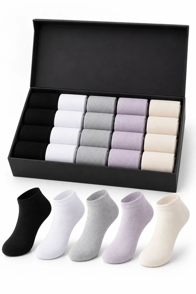 Set 20 perechi șosete scurte damă din bumbac, fără cusături, 5 culori asortate, One Size