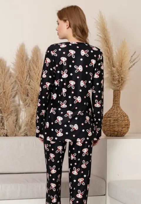 Pijama Damă Neagră cu Imprimeu Iepuraș