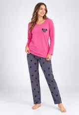Pijama de dama roz cu maneca lunga si pantaloni lungi gri cu catelus